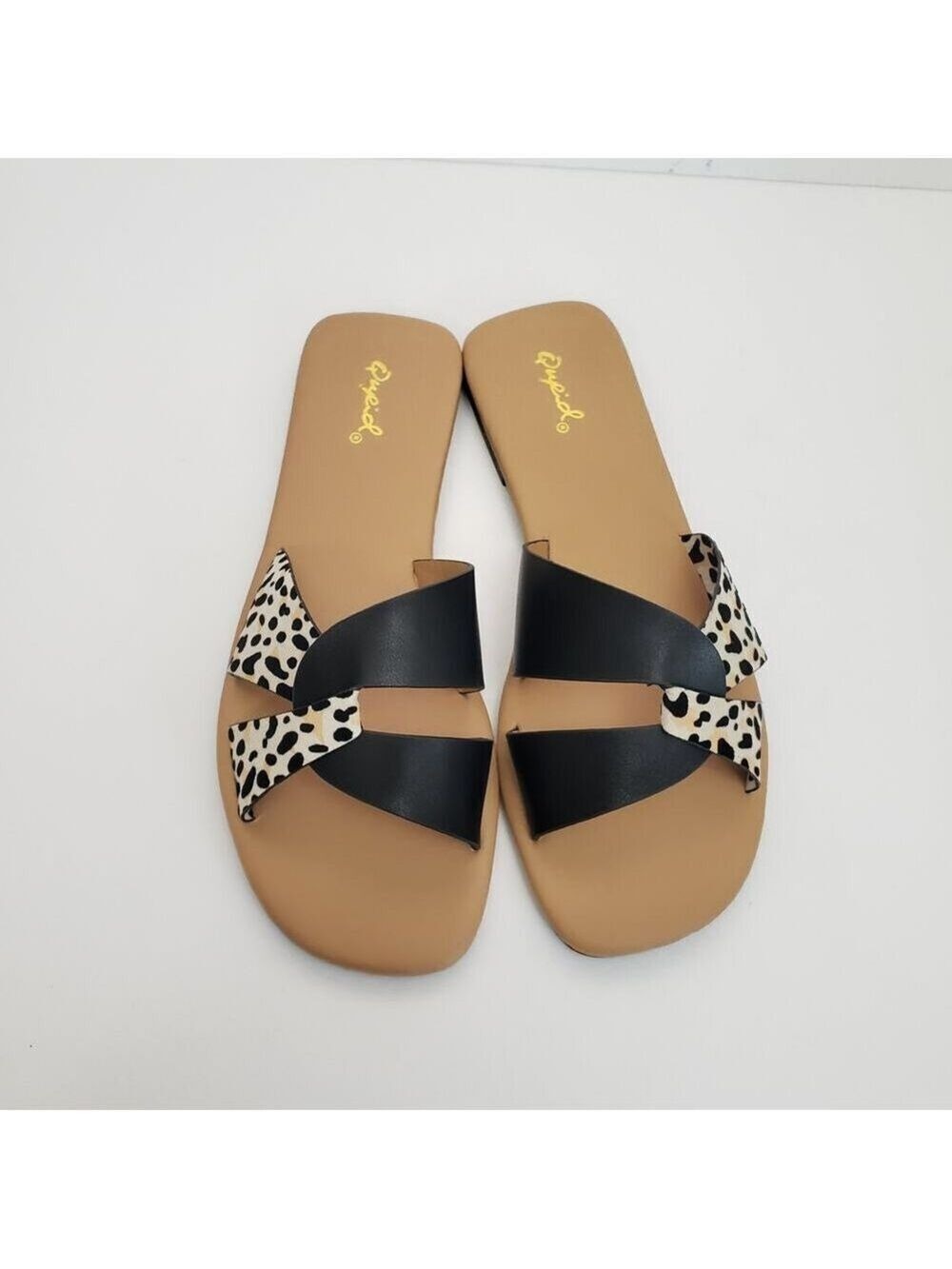 Qupid Womens Slip-On Black Animal Print Flat Two-Tone Sandals - Picture 4 of 8